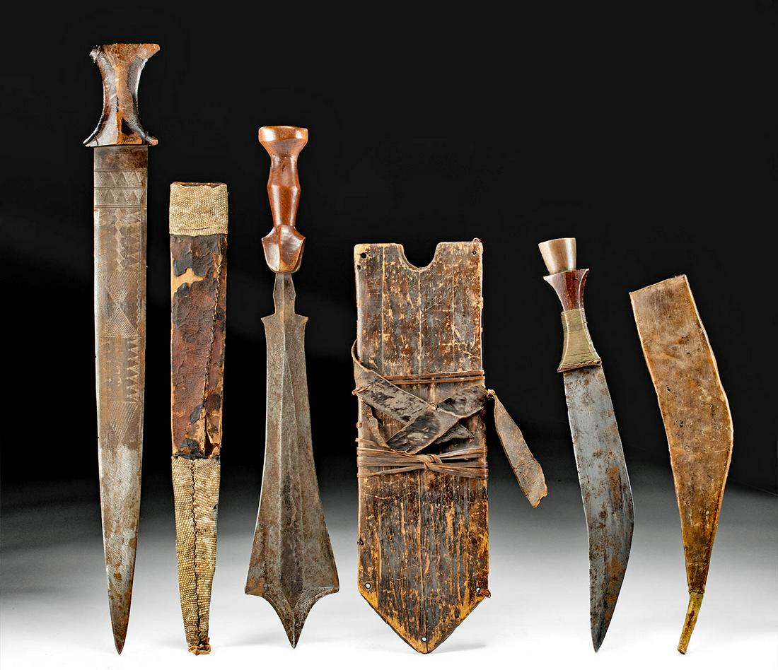 19th C. Islamic / African Iron & Wood Weapons: Persia / Middle East, Saudi Arabia, ca. 19th to early 20th century CE; Central Africa, Democratic Republic of the Congo (Zaire), ca. 19th to early 20th century CE. A fine collection of two iron and wo