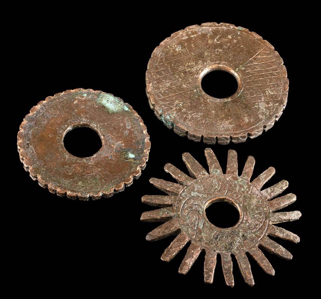 3 Moche Copper Mace Heads w/ Etchings - Disc & Sun (1 of 2)
