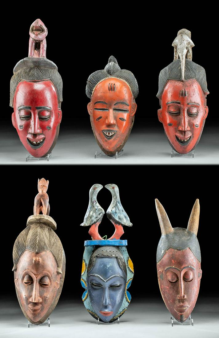 Lot of 6 Early 20th C. African Baule Vibrant Wood Masks (1 of 7)