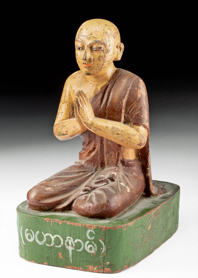19th C. Burmese Wood & Polychrome Buddhist Monk (1 of 4)