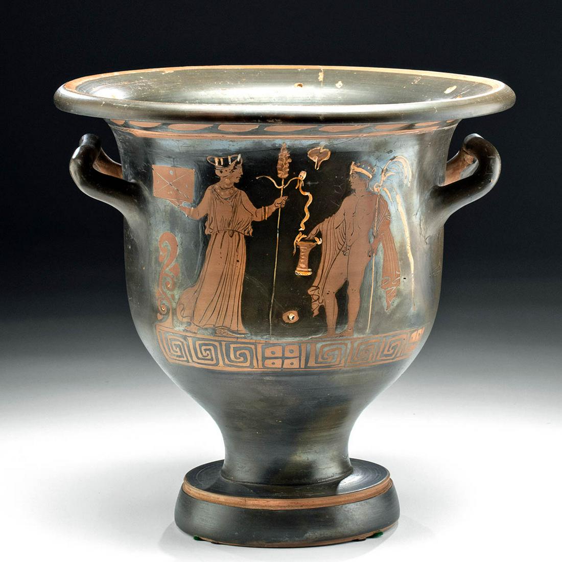 Greek Apulian Red-Figure Bell Krater Maenad & Youths: Magna Graecia, South Italy, Apulian, ca. 4th century BCE. A very fine and quite sizeable bell krater extensively decorated via the red figure technique. The vessel presents a characteristically bell-s