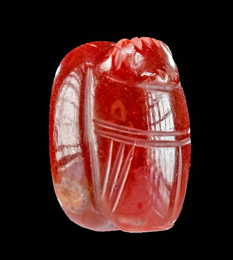 Etruscan Carnelian Scarab Pendant w/ Horses: Classical World, Italy, Etruria, Etruscan culture, ca. 768 to 264 BCE. A beautiful scarab-form pendant carved from carnelian exhibiting opaque copper-red colors and cream-hued inclusions. The topside 