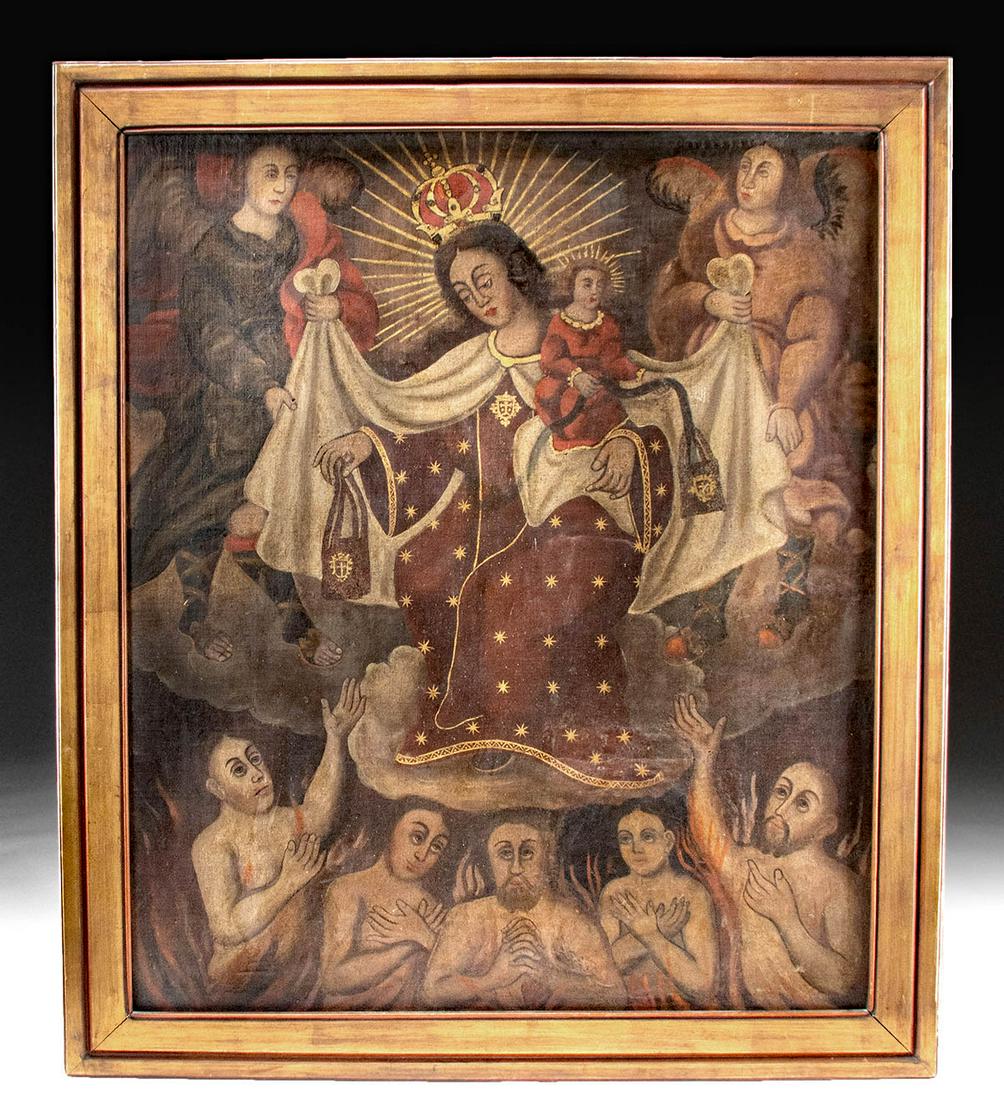 Large 19th C. Mexican Painting, Scapular of Our Lady (1 of 4)