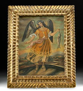 Early 20th C. Peru Painting, 19th C. Frame, San Raphael