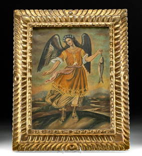 Early 20th C. Peru Painting, 19th C. Frame, San Raphael: Central to South American, probably Peru, frame is 19th century, painting is early 20th century. A beautiful oil on canvas painting depicting the archangel Raphael dressed in his traditional flowing