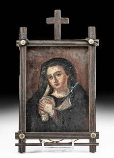 Framed 19th C. Spanish Colonial Tin Retablo w/ Mary: Latin America, Mexico, Spanish Colonial Period, ca. 19th century CE. A poignant tin retablo rendering of The Virgin Mary as Our Lady of Sorrows (Mater Dolorosa in Latin), hand painted and contained