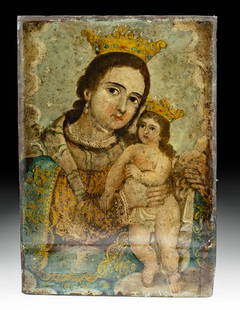 19th C. Spanish Colonial Tin Retablo - Virgin & Child: Latin America, Mexico, Spanish Colonial Period, ca. 19th century CE. A charming tin retablo depicting the Virgin mother and infant Christ child, both ornately crowned and adorned, all hand painted on