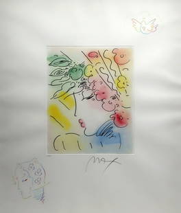 Signed Peter Max Etching w/ Drawings - Blushing Beauty: Peter Max (American, b. Germany 1937). "Blushing Beauty" Classic Suite etching with hand-drawn colored pencil drawings, 2015. Hand-signed by Peter Max in pencil in the lower right. Numbered 3 of 495