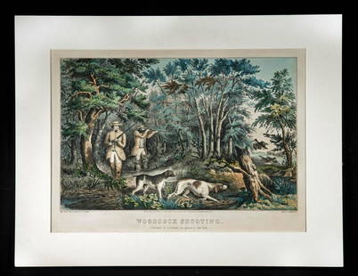 Currier & Ives Lithograph - "Woodcock Shooting" 1852: Frances Flora Bond Palmer (American, 1812-1876). "Woodcock Shooting." New York: N. Currier, 1852. Lithograph. Original hand color. Large folio. A wonderful lithograph of a dramatic hunting scene that