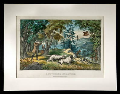 Currier & Ives Lithograph - "Partridge Shooting" 1865: Frances Flora Bond Palmer (American, 1812-1876). "Partridge Shooting." New York: Currier & Ives, 1865. Lithograph. Original hand color. Large folio. A wonderful lithograph that was separately issued