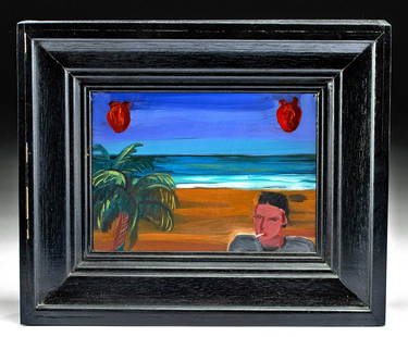 Robert Gil de Montes Painting - "Waiting" 1980s: Robert Gil de Montes (Mexican, b. 1950). "Waiting" oil painting on tin, ca. 1980s. A fabulous painting by Roberto Gil de Montes that depicts a magical beach scene with a young man smoking a cigarette