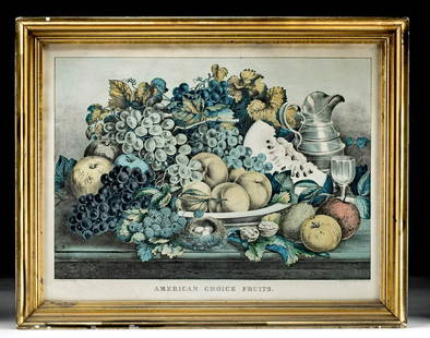 Framed Currier & Ives - American Choice Fruits, 1869: "American Choice Fruits." New York: Currier & Ives, 1869. Large folio. 16 7/8 x 23 3/4. Lithograph with original hand color. C:111. A beautiful still life presenting a large platter of fruit