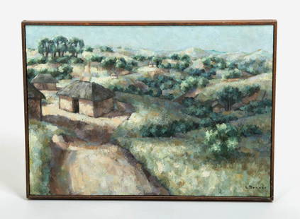 L. Dennis Painting - Hills, Pastor's House... - 1973: Lockwood Dennis (American, 1937-2012), "Hills, Pastor's House, Lake Nyasa to Bulongwa," oil on canvas, 1973. Signed on lower right. A captivating landscape painting inspired by Lockwood Dennis' time