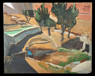 William Draper Painting - "Olive Trees" 1938: William Franklin Draper (American, 1912-2003). "Olive Trees" oil on board, 1938. A stunning composition painted by William Draper, presenting a striking landscape with verdant olive trees as its focal