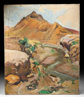 Signed William Draper Painting - "Hills of Spain" 1954: William Franklin Draper (American, 1912-2003). "Hills of Spain" oil on canvas, 1954. Signed "Wm. F. Draper" on lower right. A magnificent landscape painting by American artist William Draper, created