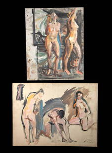 Lot of 2 William Draper Paintings - Nudes, 1950s: William Franklin Draper (American, 1912-2003). Two oil on board paintings, one signed on lower right, ca. 1950s. A pair of painted studies of female nudes by American artist William Draper, likely