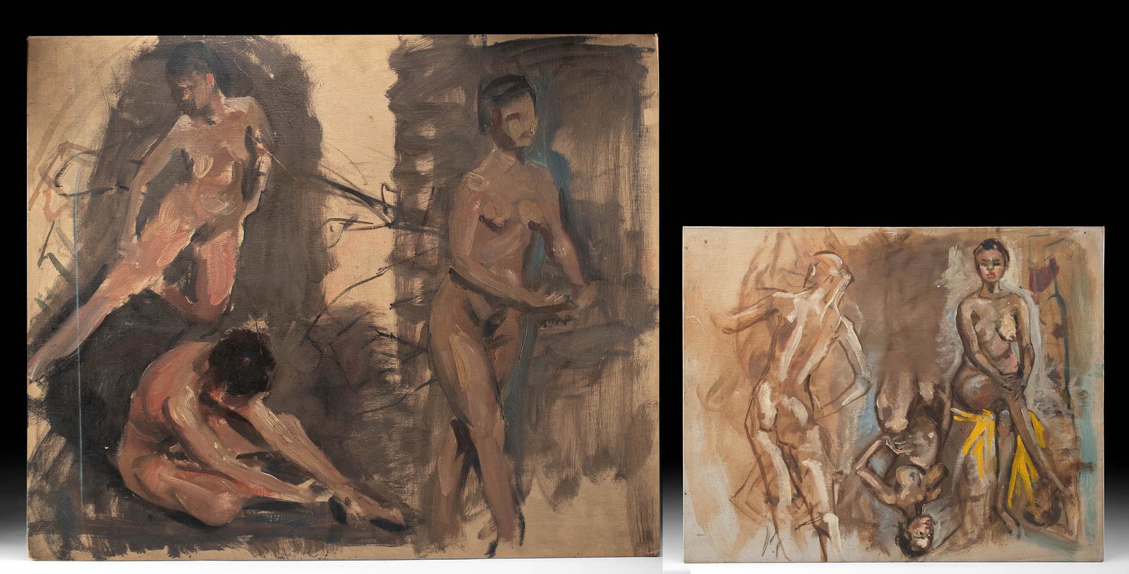 Two William Draper Paintings - Female Nudes, 1950s: William Franklin Draper (American, 1912-2003). Two oil on canvas board paintings, ca. 1950s. Artists of the Renaissance aspired to render the nude with classical proportions and sensuality, elevating 