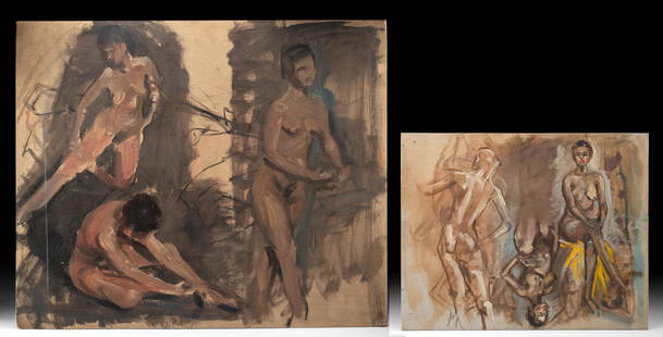 Two William Draper Paintings - Female Nudes, 1950s: William Franklin Draper (American, 1912-2003). Two oil on canvas board paintings, ca. 1950s. Artists of the Renaissance aspired to render the nude with classical proportions and sensuality, elevating