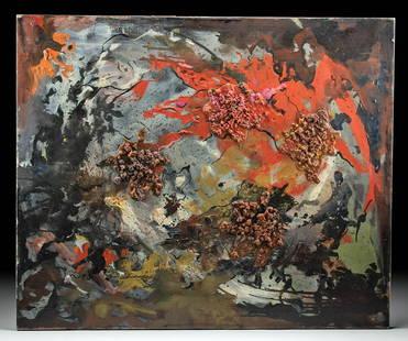 William Draper Mixed Media on Canvas - 1963: William Franklin Draper (American, 1912-2003). "Fake Vomit Explosion" mixed media on canvas, 1963. A very unusual entirly abstract work by William Draper, created as a satire on what he did not like