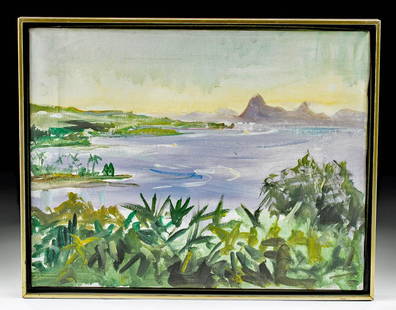 Framed William Draper Painting - Tropical View, 1970s: William Franklin Draper (American, 1912-2003). Oil on canvas, ca. 1970s. Painted in William Draper's characteristic expressive style, an idyllic view of a tropical landscape, likely an island in the C