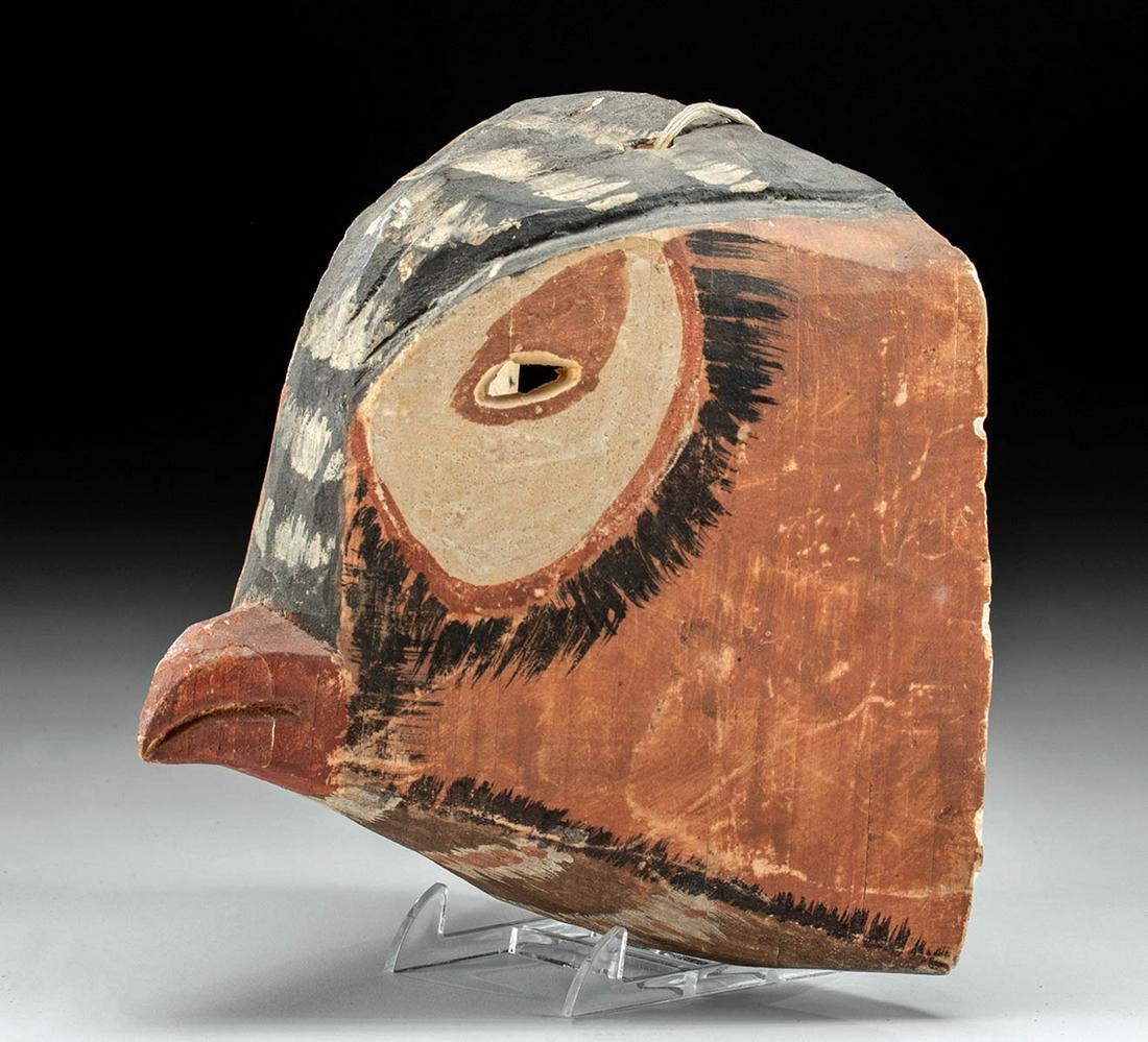 Signed 20th C. Argentinean Wood Bird Festival Mask: South America, Argentina, Salta Province, Campo Duran, ca. 20th century CE. A charming bird mask, hand carved from a single piece of wood and hand painted in warm umber brown with white and black stri
