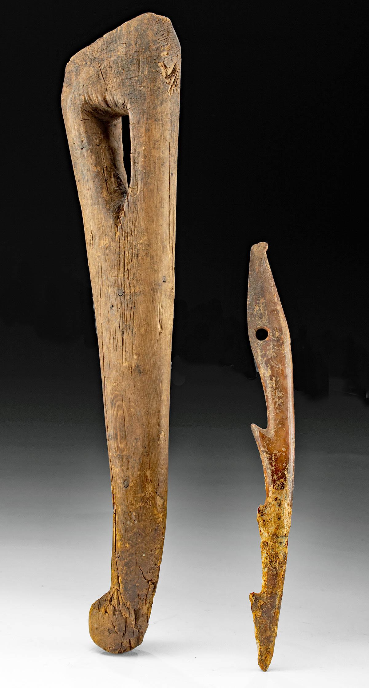 16th C. Inuit & Yupik Wood & Antler Tools (2): Native American, Northwestern United States, Alaska, Inuit & Yupik, ca. 16th to 19th century CE. A fascinating pair of wood and caribou antler tools for preparing hides and fishing. The larger is a wo