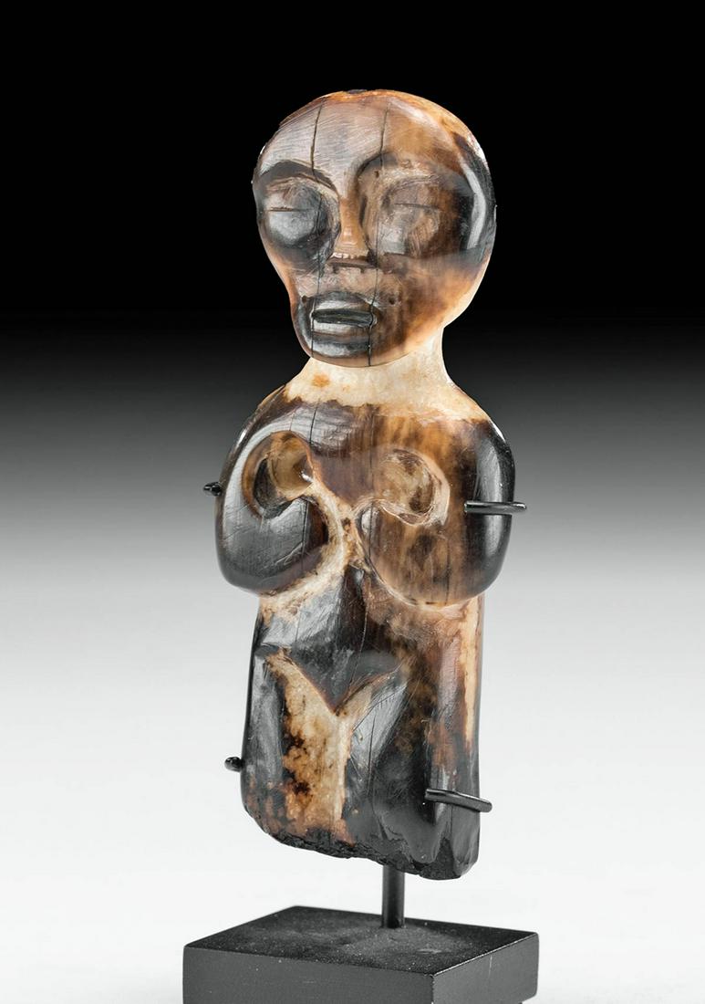 19th C. Northwest Coast Walrus Shaman Figure: Native American, Northwest Coast, ca. 19th century CE. A fascinating figure, skillfully hand-carved from the bone of a whale or walrus. Displaying naturally mottled hues of cream and chocolate brown, 