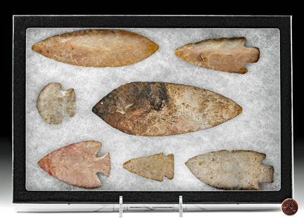 7 Native American Stone Tools - 5 Points & 2 Blades: Native American, United States, Archaic to Woodland period, ca. 3000 to 1200 BP (1000 BCE to 800 CE). A wonderful collection of 7 hand-knapped stone tools comprised of 5 projectile points and 2 blades