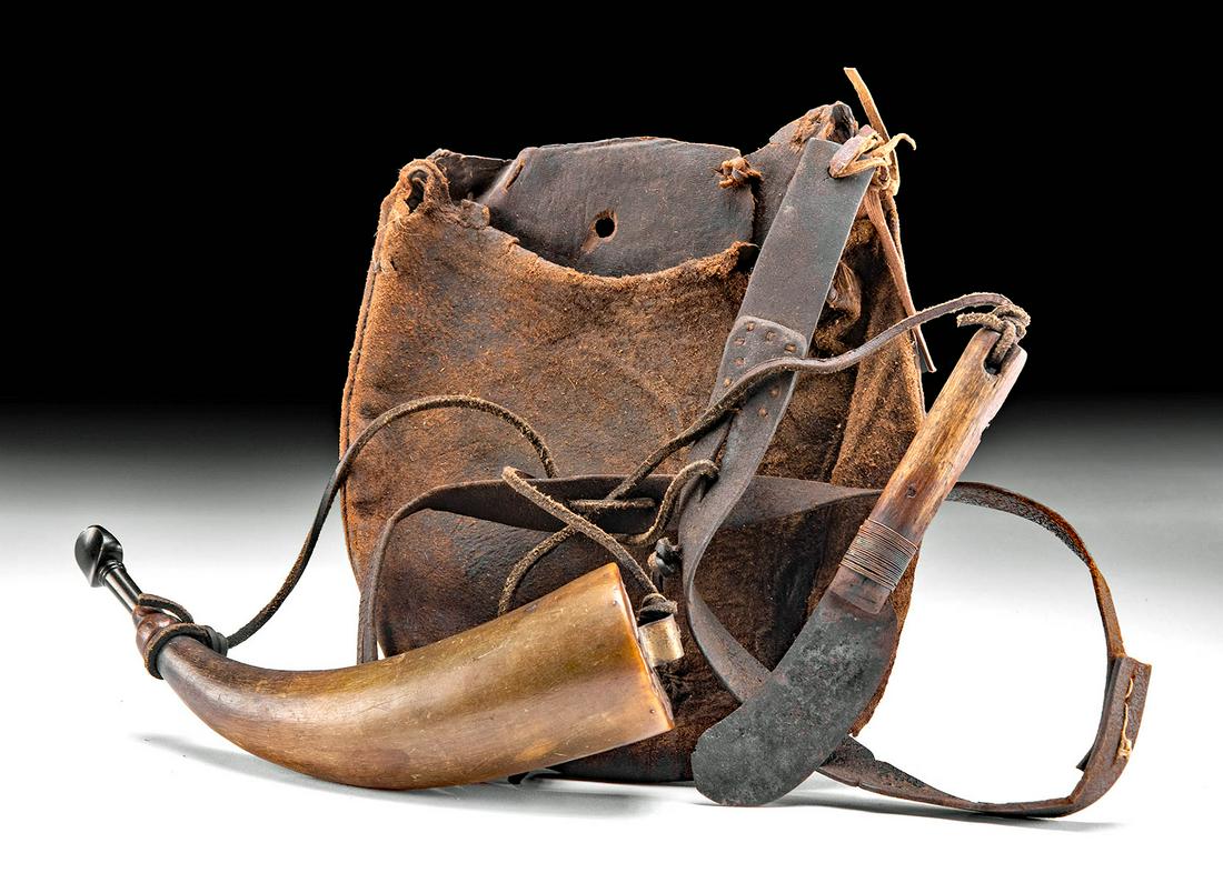 19th C. USA Leather Possibles Bag, Powderhorn, & Knife: North America, United States, Pennsylvania, Allenstown, ca. 19th century CE. A frontiersman kit including a leather satchel, a powderhorn with a wooden plug, and a wood and steel knife. The satchel, o