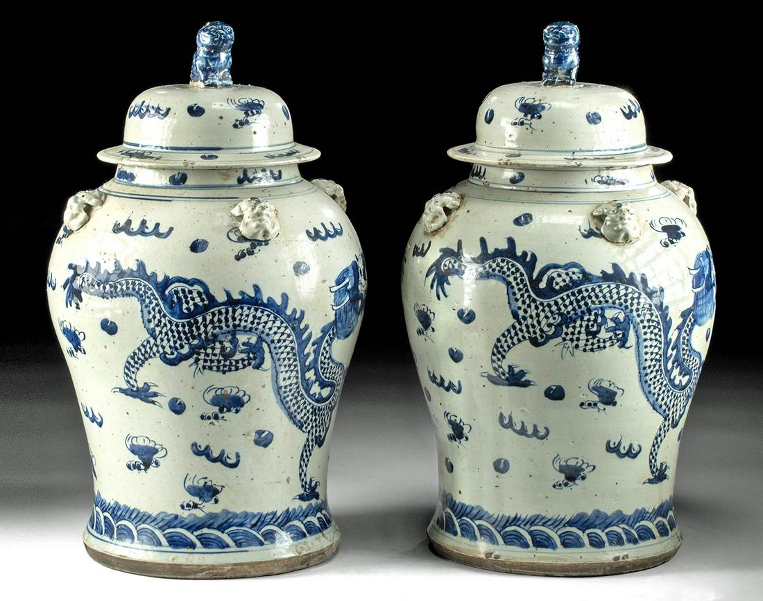 Chinese Qing Pottery Vases w/ Dragons & Foo Dogs (pr) (1 of 5)