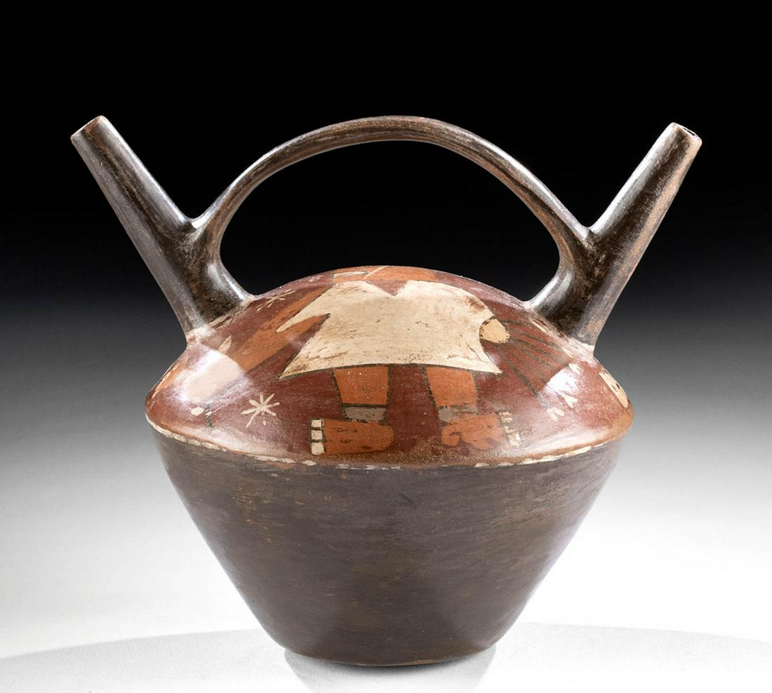 Huari Pottery Stirrup Vessel with Warrior: **Originally Listed At $650** Pre-Columbian, Peru, Huari (Wari) culture, ca. 500 to 1000 CE. A dramatic double-spouted polychrome ceramic stirrup vessel, featuring a silvery gray lower half, spouts, a