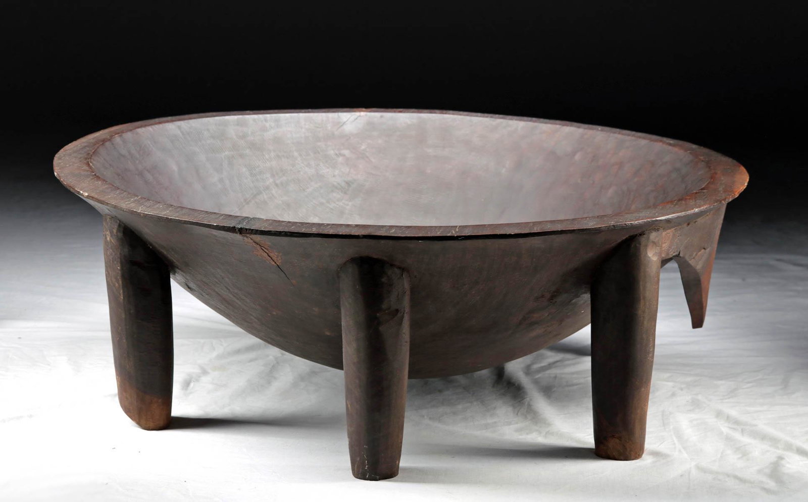 Huge 19th C. Fijian Wood Yaqona Bowl (Tanoa): **Originally Listed At $2000** Polynesia, Fiji, ca. 19th century CE. An enormous wooden kava vessel carved in the form of a sea turtle. The deep circular bowl is supported by six integral legs. Large 