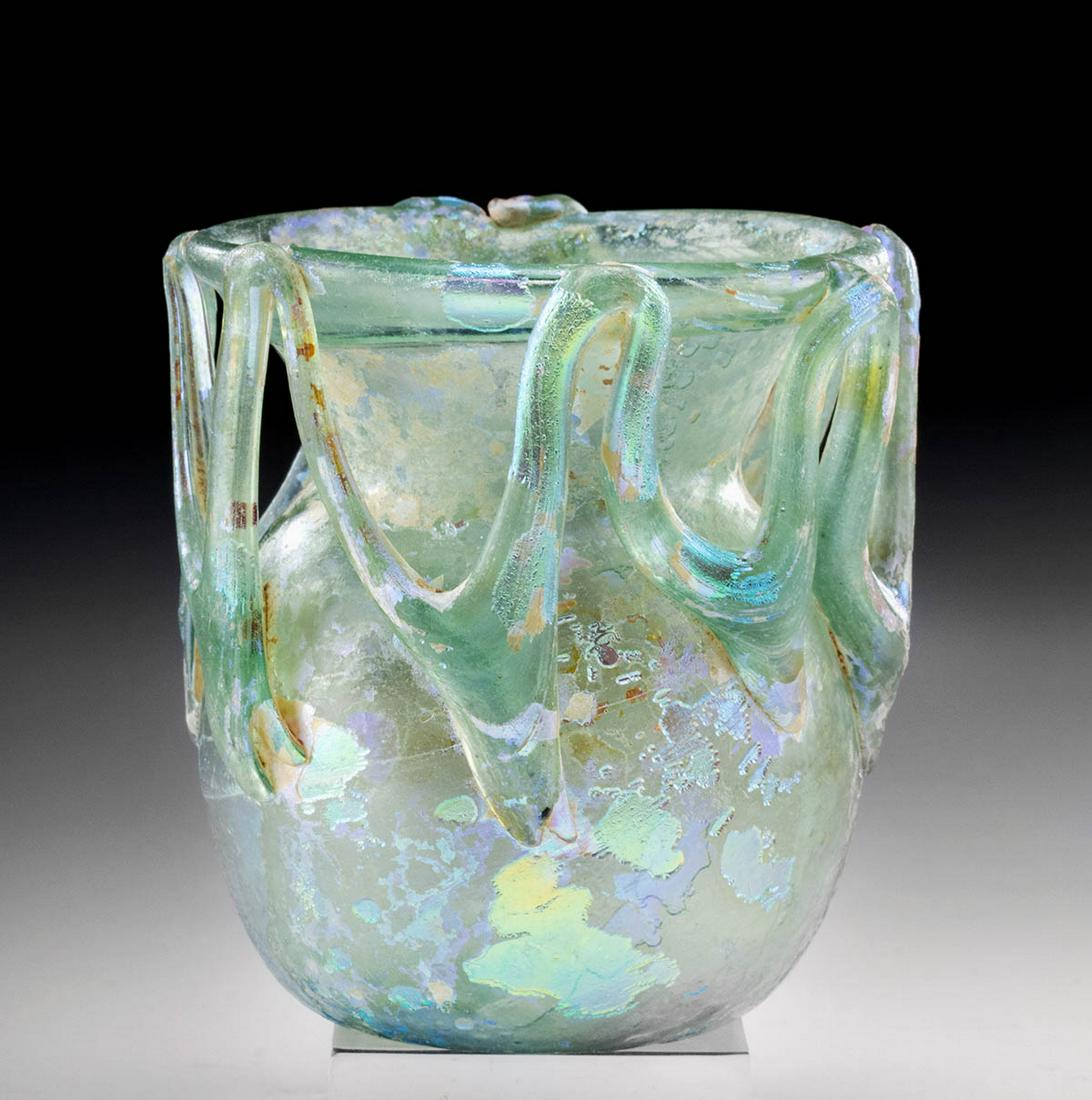 Stunningly Iridescent Roman Glass Jar  w/ Rigaree (1 of 6)