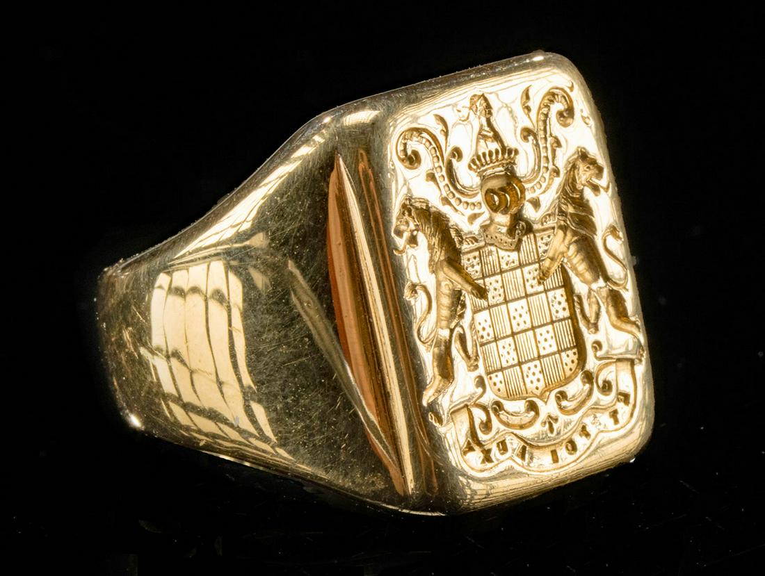 19th C. French Gold Signet Ring Auxy Family Crest Motto (1 of 3)