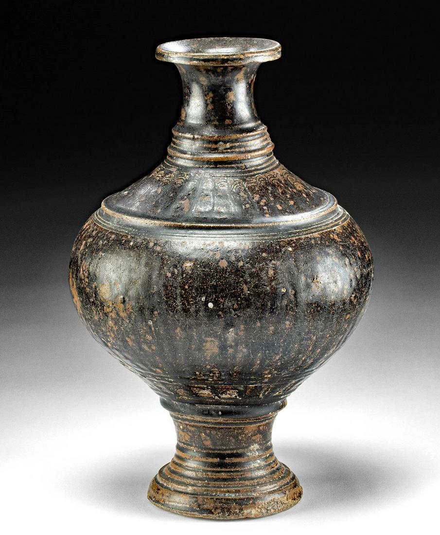 12th C. Khmer Angkor Blackware Vessel, ex-Museum: **Originally Listed At $400** Southeast Asia, Cambodia or Northern Thailand, Khmer Empire (Angkor culture), ca. 12th to 13th century CE. A gorgeous pottery vessel exhibiting a bulbous body, a sloped s