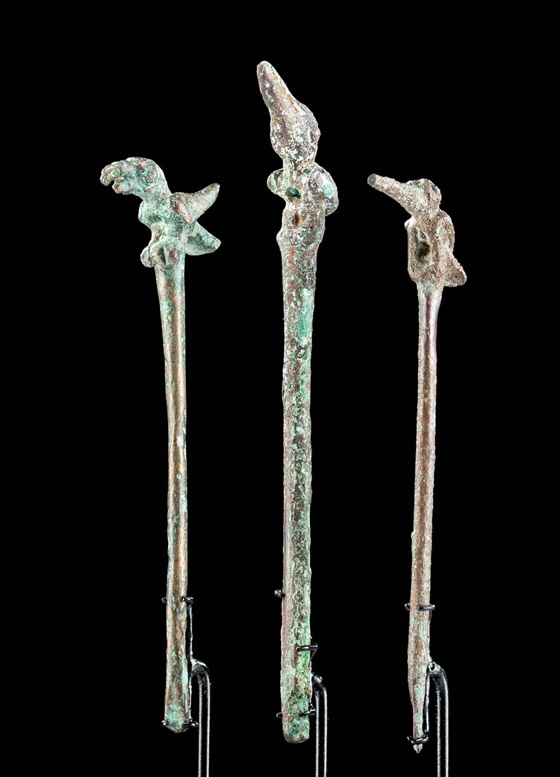 Lot of 3 Moche Bronze Coca Spoons with Bird Finials (1 of 4)