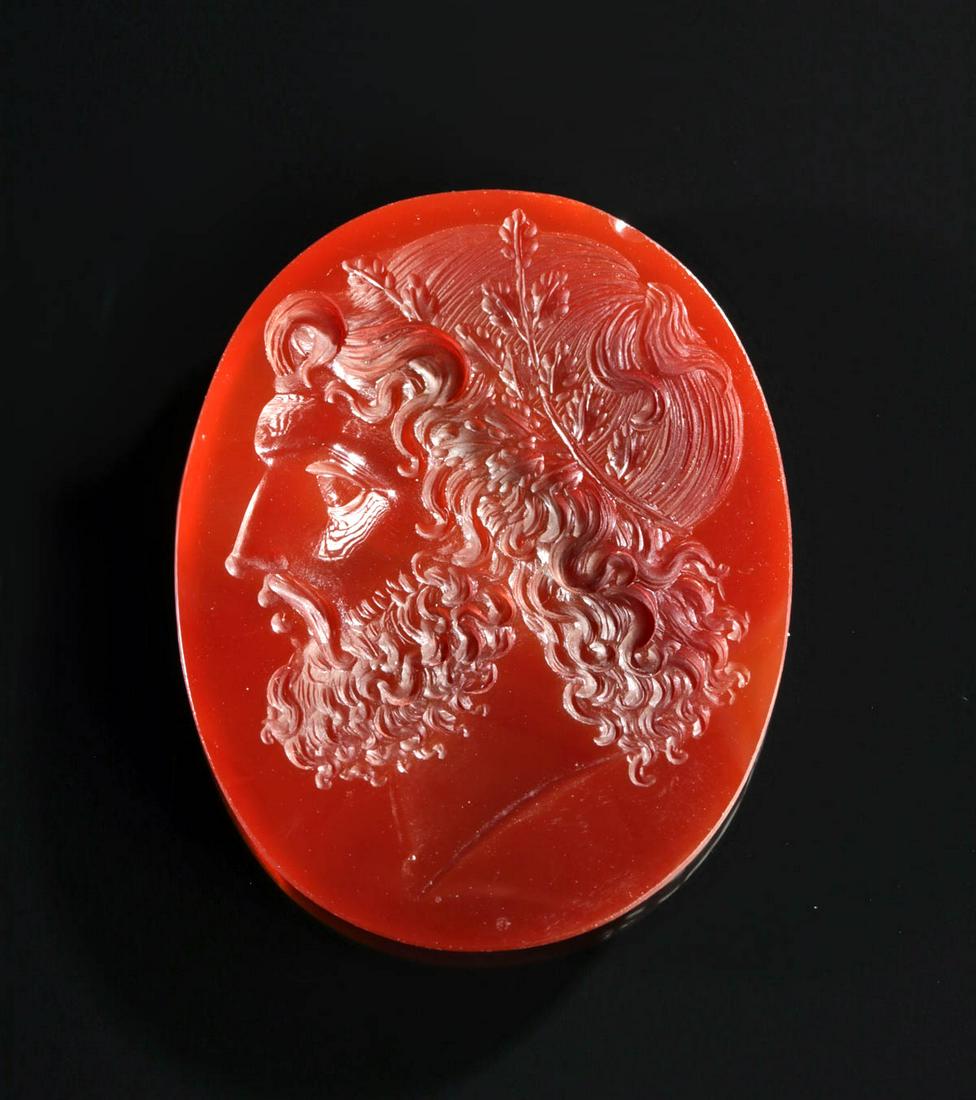 19th C. European Carnelian Intaglio - Bearded Man: **Originally Listed At $400** Europe, Victorian Period, ca. 19th century CE. A sizable ovoid carnelian intaglio of brilliant red hues, depicting a bearded male in profile facing left that has been ski