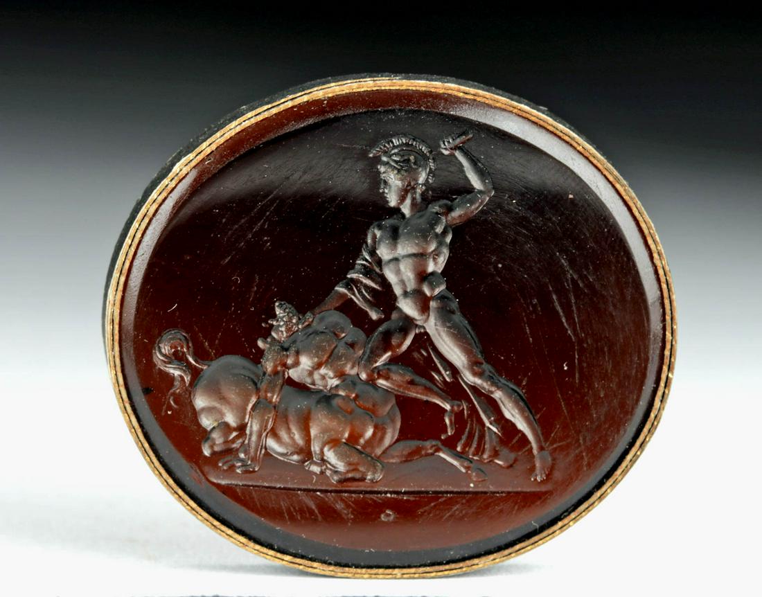 18th C. Neoclassical Glass Intaglio - Man & Centaur: **Originally Listed At $250** Northern Europe, Neoclassical period, ca. 18th to early 19th century CE. A translucent russet glass intaglio depicting a muscular man, nude aside from his helmet, about t