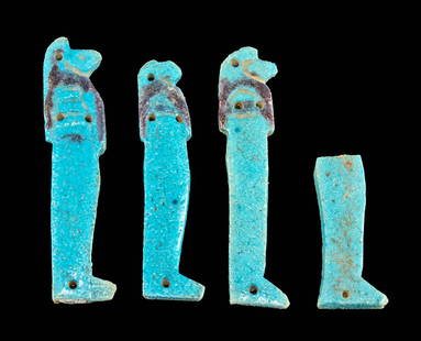 4 Egyptian Faience Amulets - Sons of Horus: Egypt, Late Dynastic Period, 26th to 31st Dynasty, ca. 664 to 332 BCE. A wonderful quartet of 4 faience amulets in the form of the Sons of Horus, all enveloped in a brilliant azure glaze and