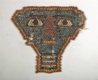 Egyptian Faience Bead Mummy Mask w/ Frame: Egypt, Late Dynastic Period to the Ptolemaic Period, ca. 664 to 30 BCE. A remarkable mummy face mask comprised of aqua blue, rose red, ash gray, creamy white, and black faience beads. As it is very