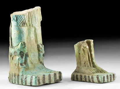 2 Huge Egyptian Faience Figural Fragments w/ TL: Ancient Egypt, Late Dynastic Period, 26th to 31st Dynasty, ca. 664 to 332 BCE. A fine set of two mold-formed faience fragments from massive standing figures covered in green and turquoise-hued glaze.