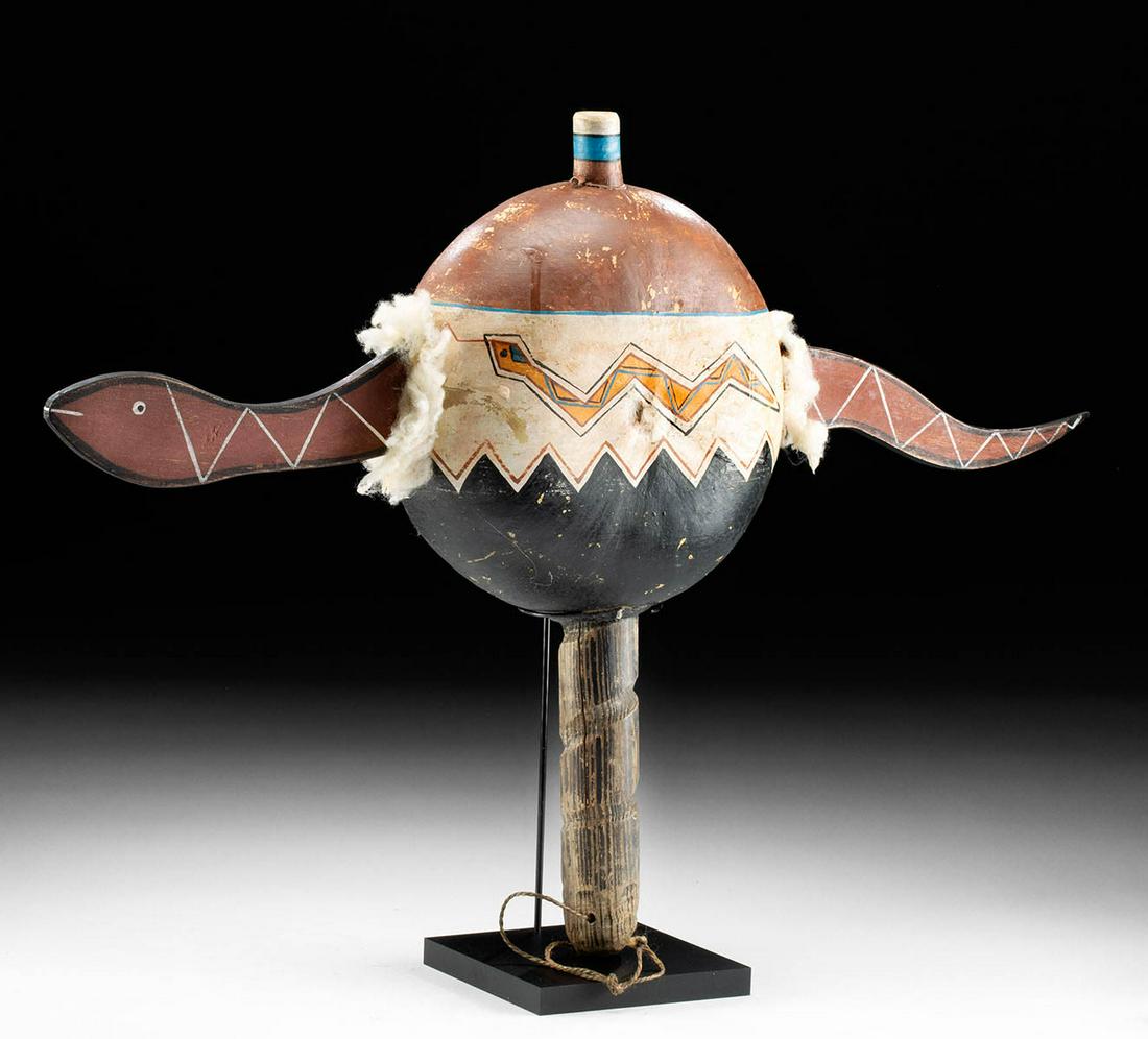 20th C. Zuni Polychrome Wood & Wool Rattle w/ Snakes (1 of 3)