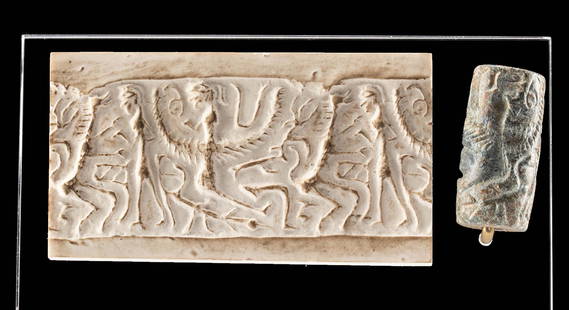 Greek Cypriot Stone Cylinder Seal - Abstract Figures: Ancient Greece, Cyprus, Cypriot culture, Common Simplified type, ca. 14th to 13th century BCE. A hand-carved hardstone cylinder seal of green and dark gray colors with a central suspension hole