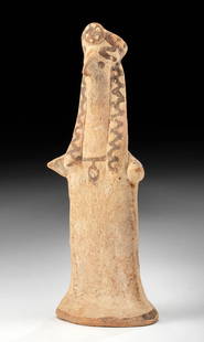 Boeotian Terracotta Female w/ Finely Painted Details: Ancient Greece, Boeotia, ca. 550 BCE. A hand-built pottery female figure presenting with a concave ovoid base, a flattened columnar body, outstretched nubbin arms, and a long neck graced by a