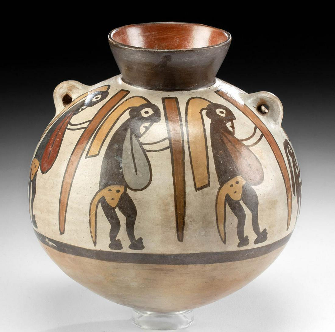 Fine Nazca Polychrome Jar w/ Seed Planters: Pre-Columbian, South Coast Peru, Late Nazca, Phase 6 to 7, ca. 550 to 750 CE. A fabulous pottery jar boasting a spherical form with a conical neck and circular rim, all sitting upon a rounded base. Ad