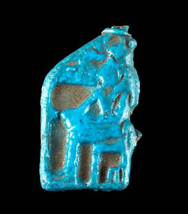 Egyptian Glazed Faience Plaque Seated Sekhmet: Ancient Egypt, Third Intermediate to Late Dynastic Period, 21st to 31st Dynasty, ca. 1070 to 332 BCE. A mold-formed faience plaque of a flat form featuring Sekhmet, the lioness-headed goddess of war,