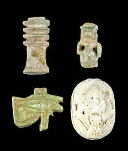 Egyptian Faience Amulets - Scarab, Djed, Wadjet, God: Ancient Egypt, New Kingdom, 19th to 20th Dynasty, ca. 1292 to 1070 BCE; Late Dynastic Period, 26th to 31st Dynasty, ca. 664 to 332 BCE. A nice set of 4 mold-formed faience amulets from ancient Egypt.