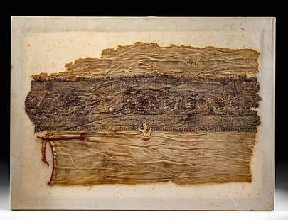 2nd C. Egyptian Coptic Cotton Textile Panel: Egypt, Coptic culture, ca. 2nd to 5th century CE. A beautiful and intricate textile fragment tightly woven from cotton and wool fibers in beige, chestnut brown, and red hues. The central column