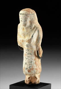 Egyptian Pottery Overseer Ushabti for Pa-em-Penedj: Ancient Egypt, Third Intermediate Period, 21st to 22nd Dynasty, ca. 1069 to 720 BCE. A hand-built pottery overseer ushabti of an attractive type, standing in mummiform with legs peeking out from benea