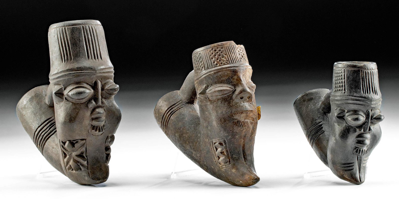 19th C. Cameroon Pottery Pipe Bowls w/ Faces (3) (1 of 3)